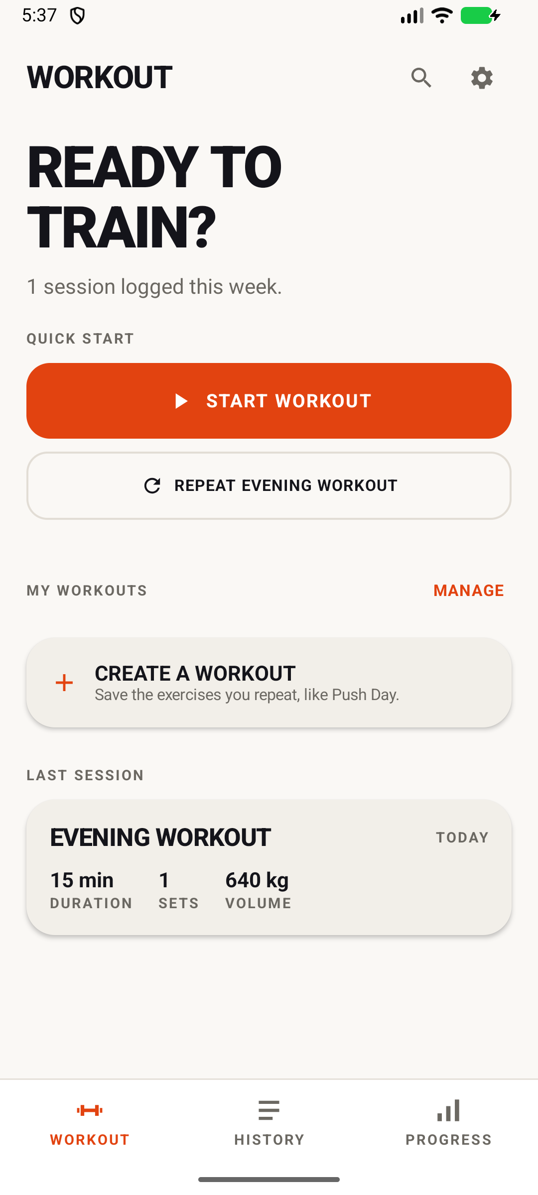 Gym Set Tracker workout home screen showing quick start and last session